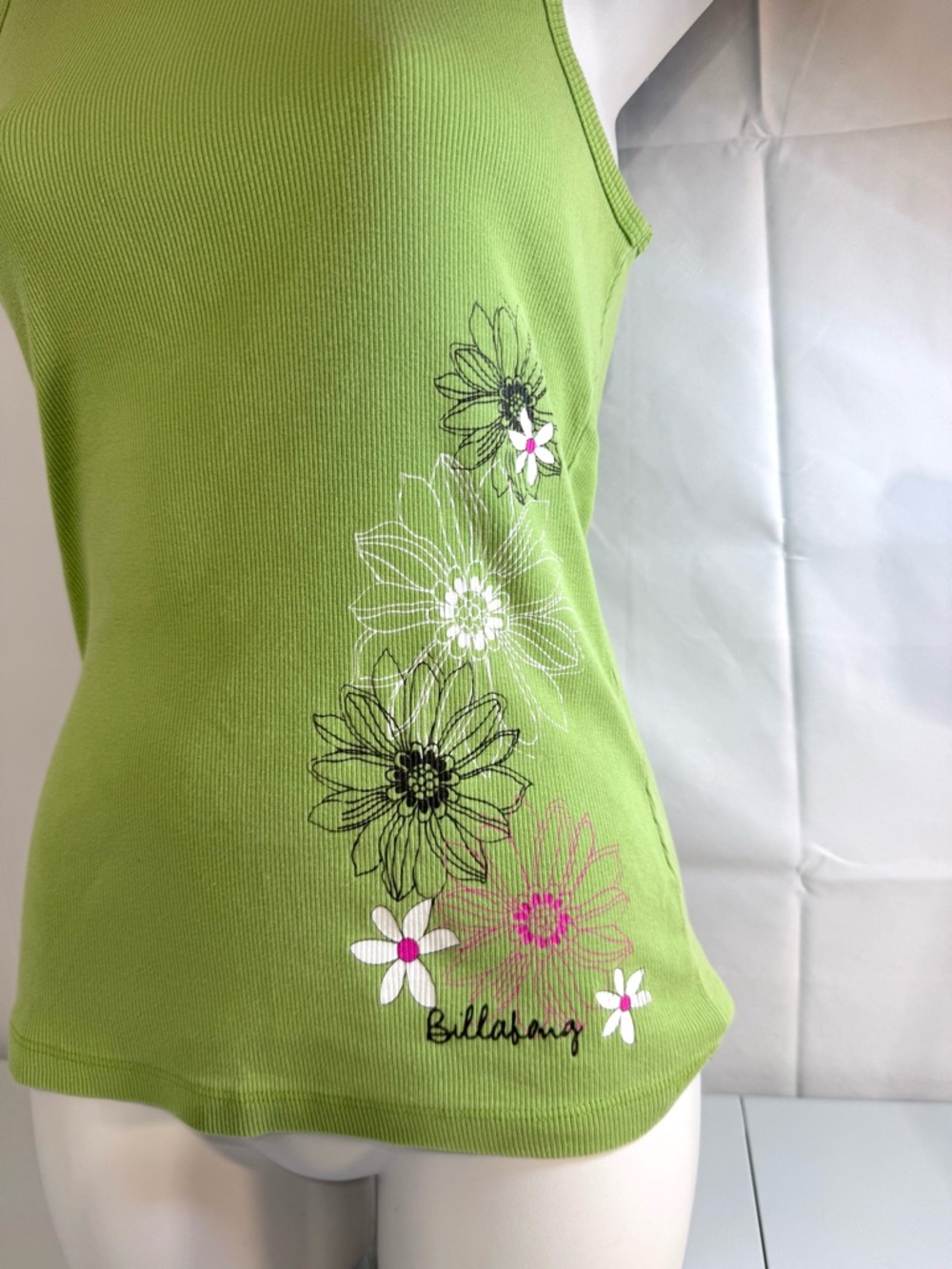Vintage Billabong Ribbed Tank Top Floral Y2K Green Cotton Size L - Picture 3 of 9